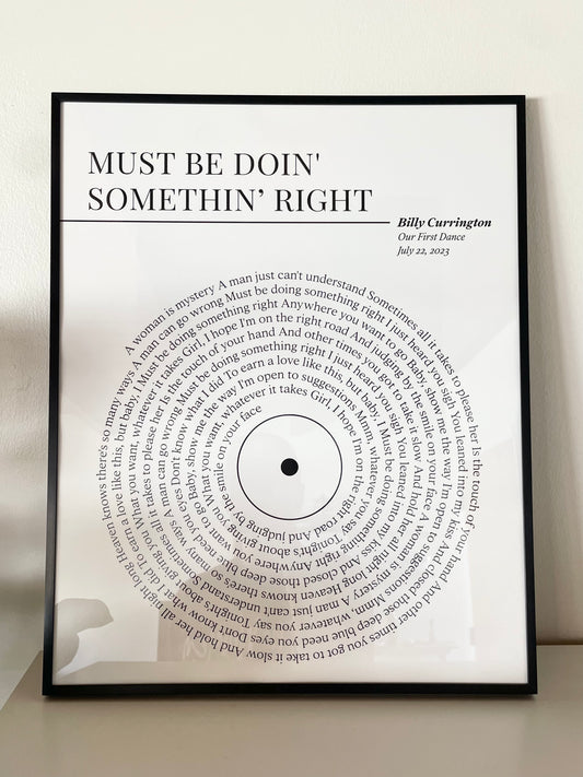 Custom wedding song lyric record art print designed in a minimalist vinyl record style